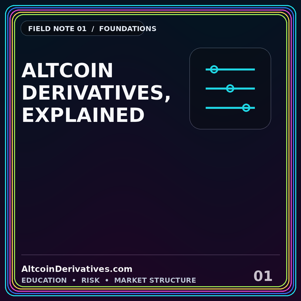 Neon typography card reading Altcoin Derivatives, Explained with market structure lines