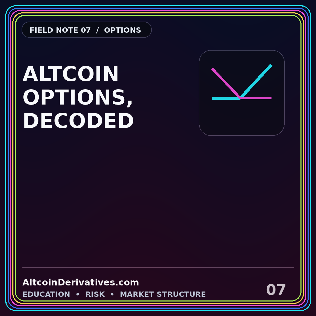 Neon typography card reading Altcoin Options, Decoded with call and put payoff lines