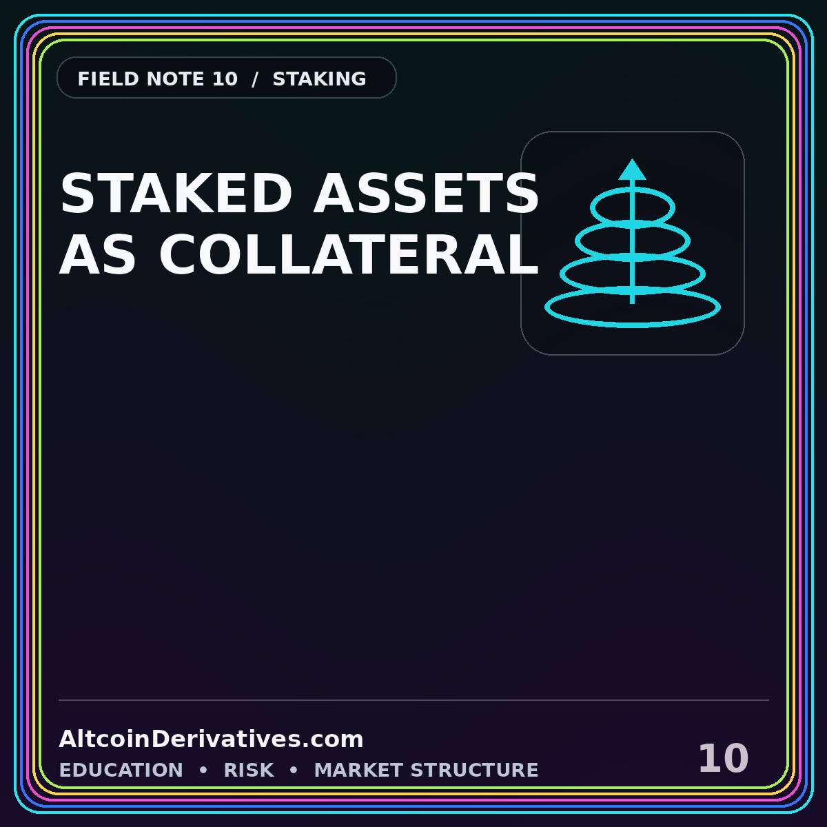 Neon typography card reading Staked Assets as Collateral with stacked rings and an arrow
